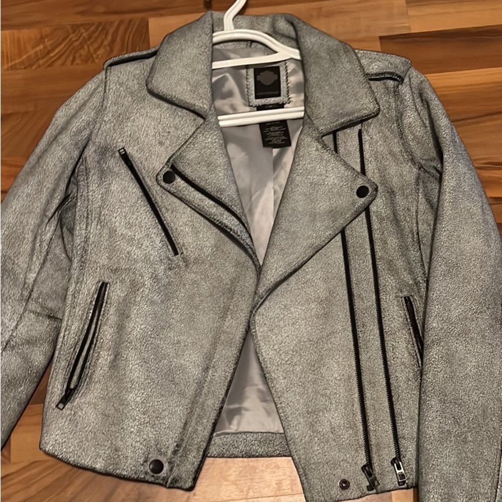 Crackle grey/white Leather Harley Davidson jacket medium